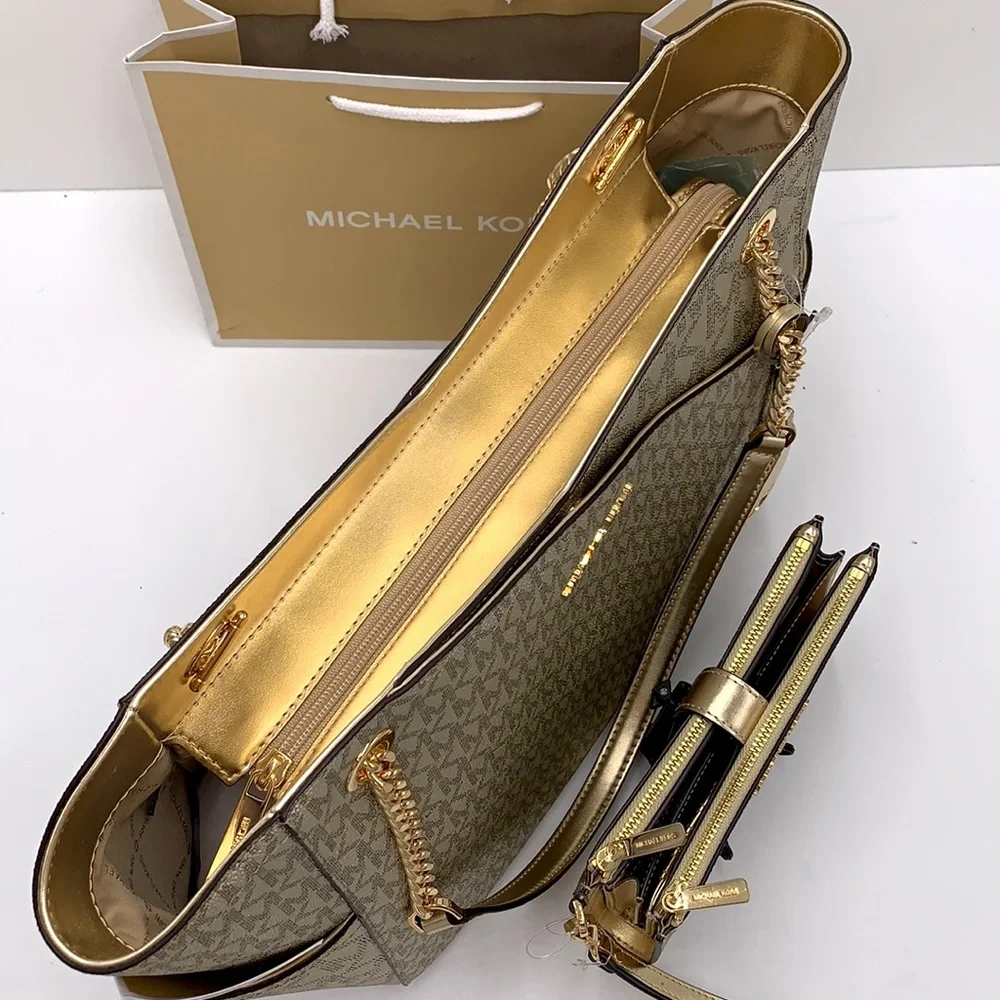 MICHAEL KORS LG  X CHAIN SHOULDER TOTE & Lg Double Zip Wallet PALE GOLD SIGNTR - Picture 4 of 12